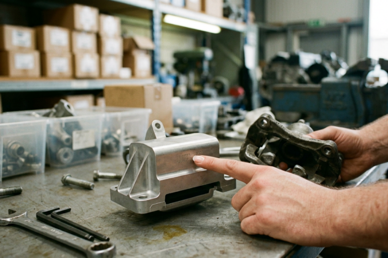 Peças OEM vs Aftermarket: guia técnico para orçamentistas 9 Profissional a comparar peças OEM e aftermarket durante a preparação de um orçamento técnico no setor automóvel.