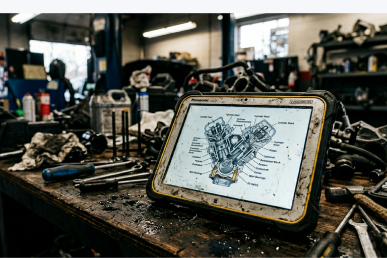 Profesional del sector de recambios consultando o redactando contenido técnico en un ordenador para informar sobre piezas, aplicaciones y mantenimiento.