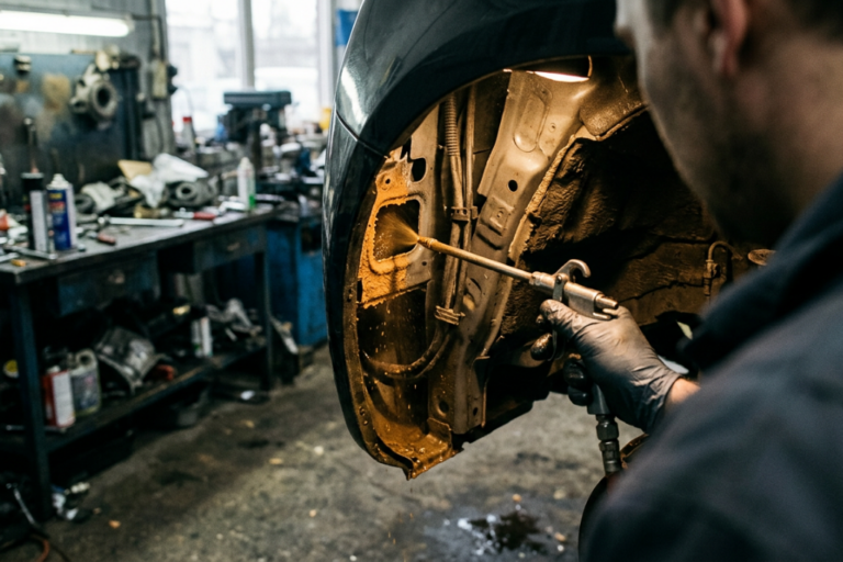 Profesional aplicando protección anticorrosiva en cavidades de la carrocería de un vehículo dentro de un entorno técnico y de reparación.