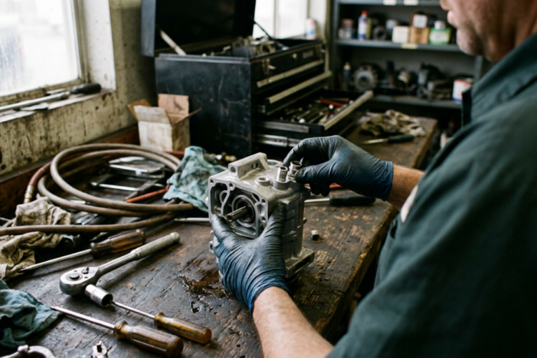 Recambios para sistemas de climatización: El compresor de aire 14 Técnico de automoción revisando o instalando un compresor de aire del sistema de climatización en un taller especializado.