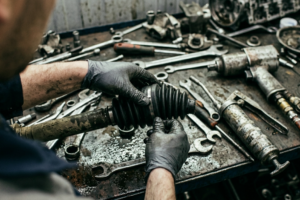 Technicien automobile en atelier en train d’intervenir sur un soufflet de cardan, en comparant des kits universels et spécifiques.