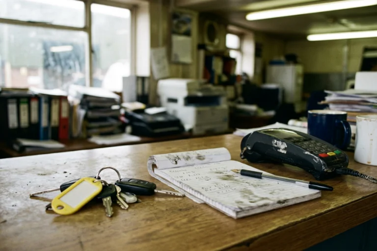 Conseiller d’un garage mécanique en train d’échanger avec un client satisfait à la réception de l’atelier.