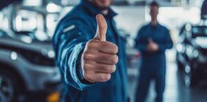 Professionnel d’un garage automobile consultant et gérant des avis clients positifs sur un ordinateur ou un smartphone.