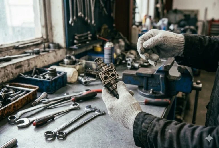 Professionnel de l’automobile utilisant un nettoyant injecteur dans le cadre d’un entretien préventif, dans un environnement technique et professionnel.