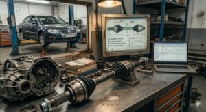 Técnico de automoción realizando el mantenimiento o la sustitución del palier en un taller, con herramientas específicas y en un entorno profesional.