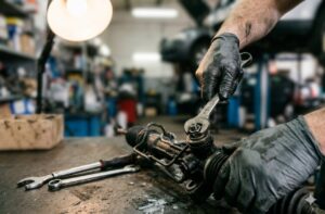 Técnico automóvel a inspecionar ou intervir em componentes de suspensão e direção num veículo, num ambiente profissional e técnico.