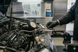 Técnico automóvel a diagnosticar um alternador e a verificar o sistema de carga de um veículo com equipamento especializado.