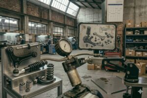 Profissional a recondicionar componentes de suspensão num contexto B2B, com foco na inspeção técnica, recuperação de peças e controlo de qualidade.