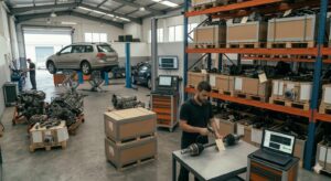 Profissional a avaliar peças usadas num contexto B2B, com foco na qualidade, rastreabilidade e segurança da compra.