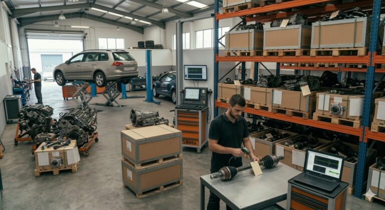 Profissional a avaliar peças usadas num contexto B2B, com foco na qualidade, rastreabilidade e segurança da compra.