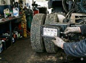 Vehículo industrial o grúa equipado con faros de trabajo LED en un entorno profesional, preparado para mejorar la visibilidad en tareas técnicas y operativas.