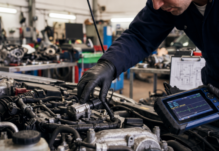 Técnico de taller usando herramientas de diagnóstico electrónico avanzado