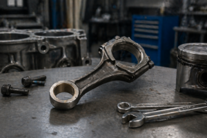 Bielle moteur inspectée dans un atelier automobile professionnel