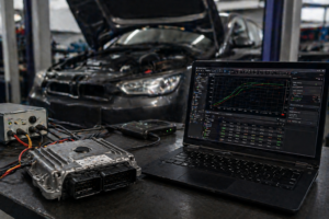 Técnico automóvel a realizar diagnóstico de ECU com software especializado para detecção de bypass e remapeamento