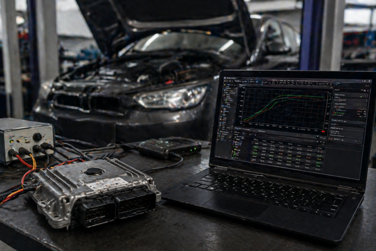 Técnico automóvel a realizar diagnóstico de ECU com software especializado para detecção de bypass e remapeamento