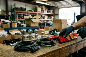 Bâche remorque inspectée dans un atelier professionnel