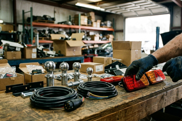 Bâche remorque inspectée dans un atelier professionnel