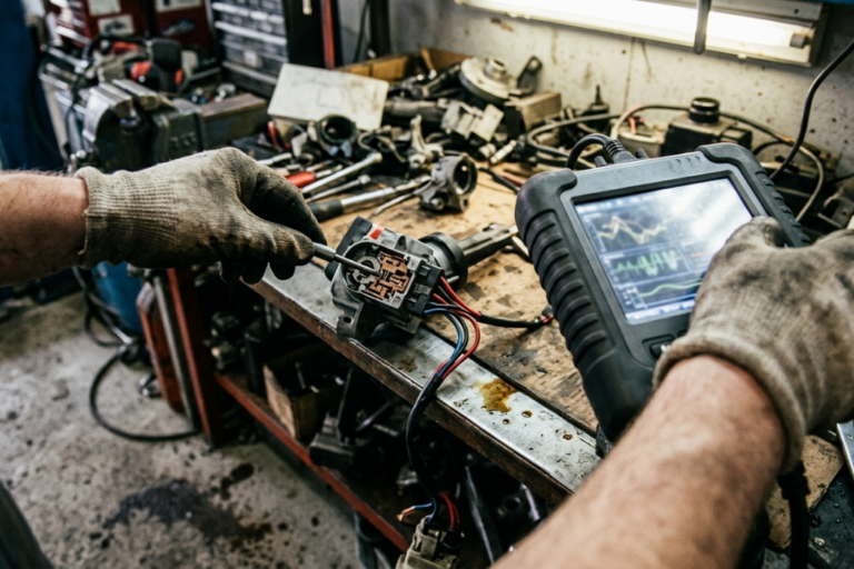 Técnico automóvel a programar chave inteligente com ferramenta de diagnóstico e codificação digital profissional