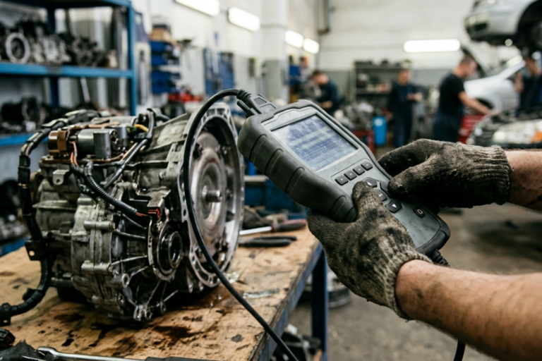Técnico automóvel a realizar diagnóstico digital de transmissão com scanner OBD-II profissional