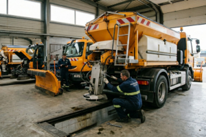 Épandeur de voirie inspecté dans un atelier de maintenance professionnelle