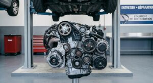 Courroie de distribution usée et galet tendeur sur sol d'atelier