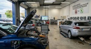 Connecteur charge VE haute tension atelier automobile