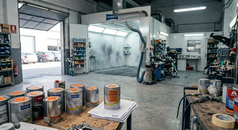 Pistola de pintura e materiais de acabamento sobre banco de oficina de carroçaria