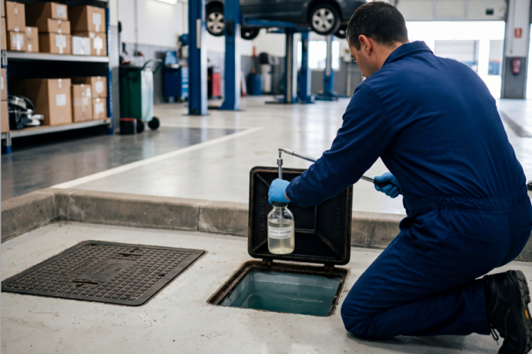 Técnico de taller inspeccionando sistema de separación de hidrocarburos en aguas residuales