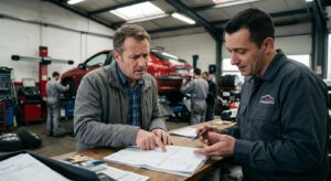 Mains avec ordre de réparation sur bureau d'atelier mécanique automobile