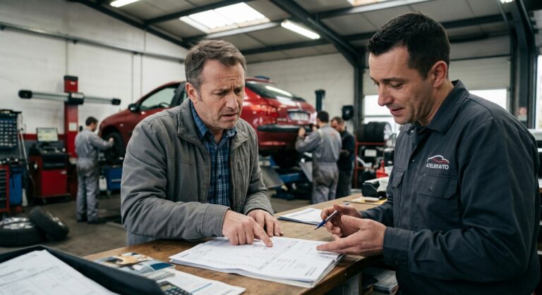 Mains avec ordre de réparation sur bureau d'atelier mécanique automobile