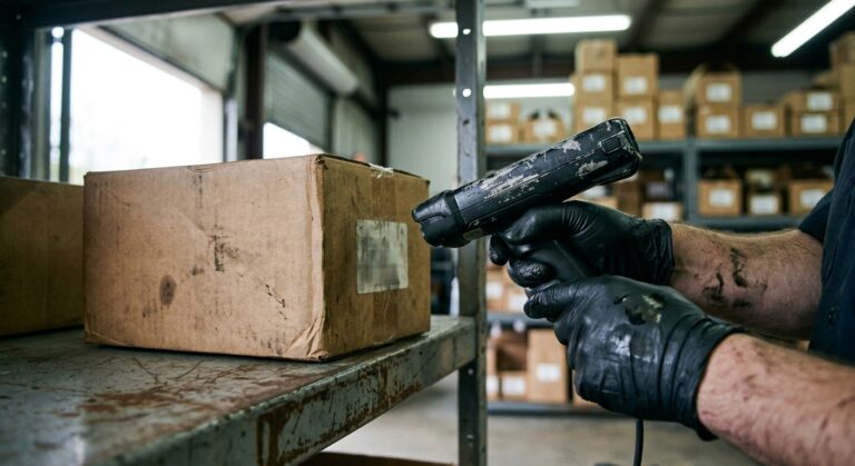 Mains avec scanner de pièces dans atelier de réparation automobile