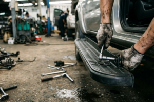 Instalador profissional a montar estribo lateral em SUV num ambiente de oficina automóvel