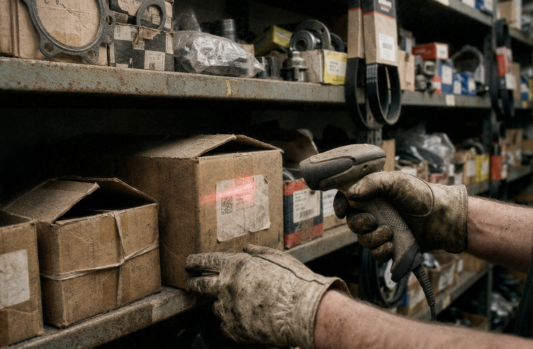 Gestor de peças a auditar inventário de componentes obsoletos em armazém automóvel