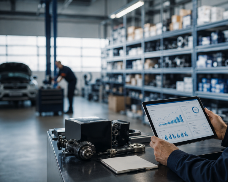 Gestor de oficina automóvel a monitorizar KPIs de pós-venda em tablet digital