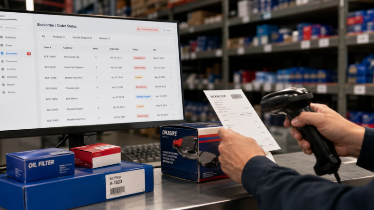Operador a gerir inventário de peças automóvel com scanner e sistema digital de armazém