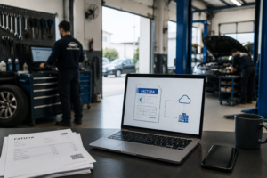 Responsável de oficina automóvel a verificar factura electrónica com ATCUD e QR Code