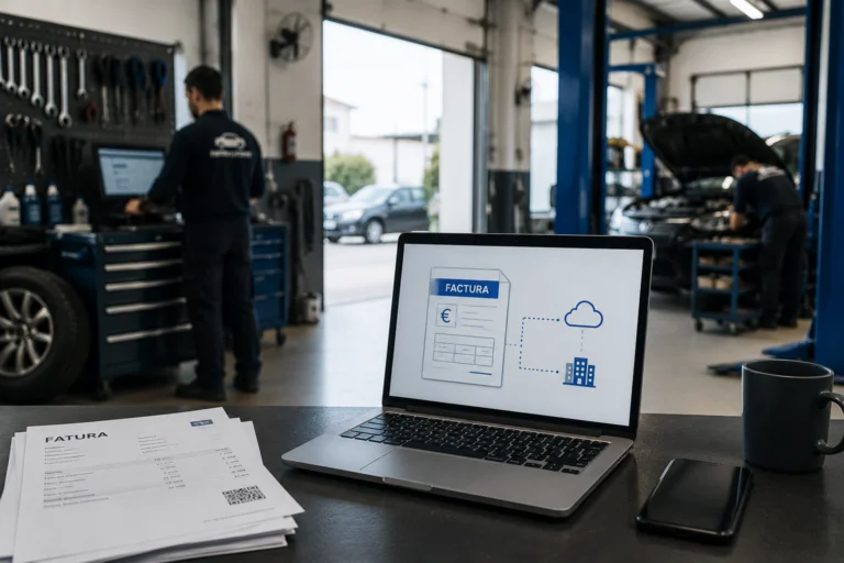 Responsável de oficina automóvel a verificar factura electrónica com ATCUD e QR Code