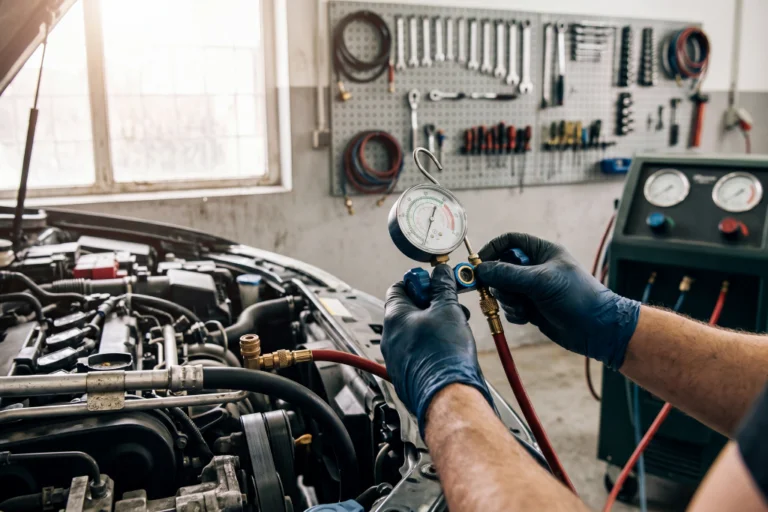 El Aire Acondicionado del Coche no Enfría: Causas Frecuentes y Solución Paso a Paso . 2 Mecánico profesional revisando la presión del sistema de aire acondicionado de un coche con un juego de manómetros para detectar fugas de gas refrigerante.