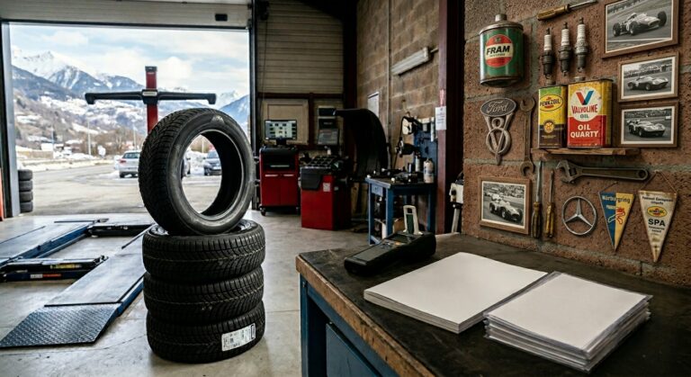 Pneu hiver usagé sur sol d'atelier automobile