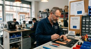 Calculateur électronique usagé sur établi d'atelier automobile