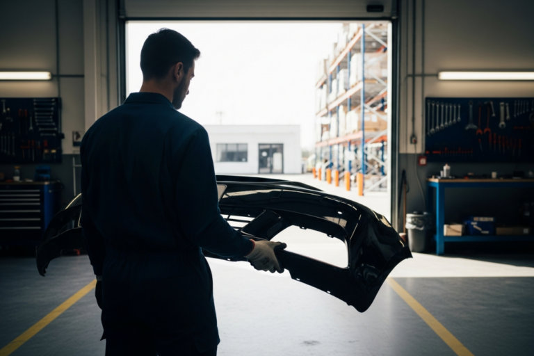 Un stock organisé de pièces de carrosserie automobile (pare-chocs, ailes, capots) dans un atelier spécialisé, illustrant la gestion efficace de l'inventaire.