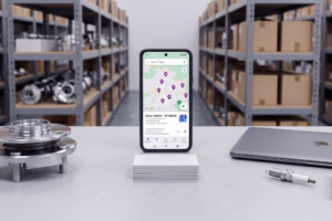 Un smartphone affichant la fiche Google Business Profile d'un garage automobile avec des avis clients positifs et les coordonnées locales.