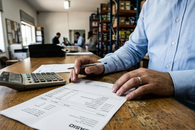 Profissional do sector automóvel a gerir documentação fiscal e IVA em sistema ERP