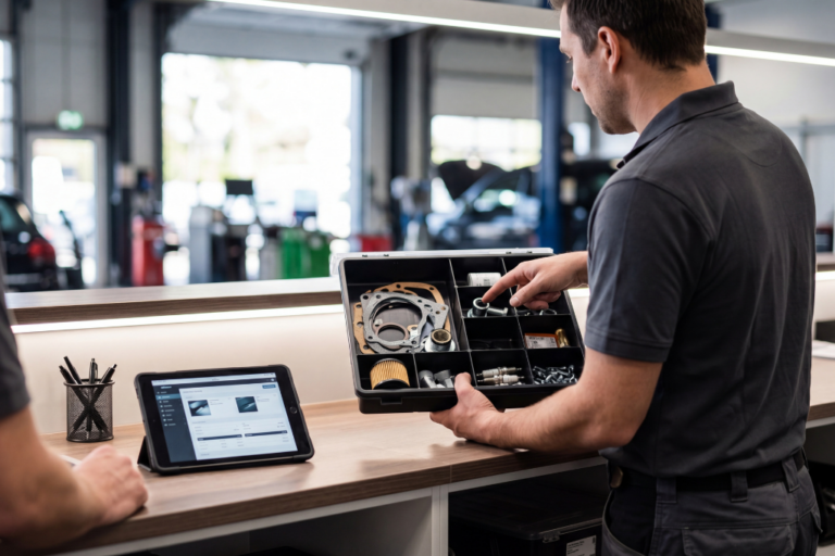 Gestor de frotas a utilizar um software de planeamento para organizar a manutenção preventiva e o stock de peças de uma frota de veículos comerciais.