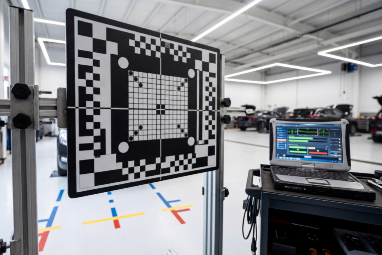 Técnico automotivo realizando a calibração de câmeras e sensores ADAS utilizando painéis de alvos em uma oficina especializada.