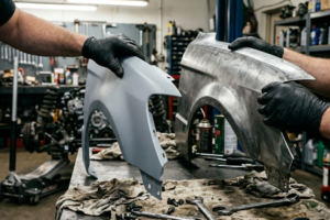 Technicien comparant pièces OEM et pièces IAM en atelier automobile