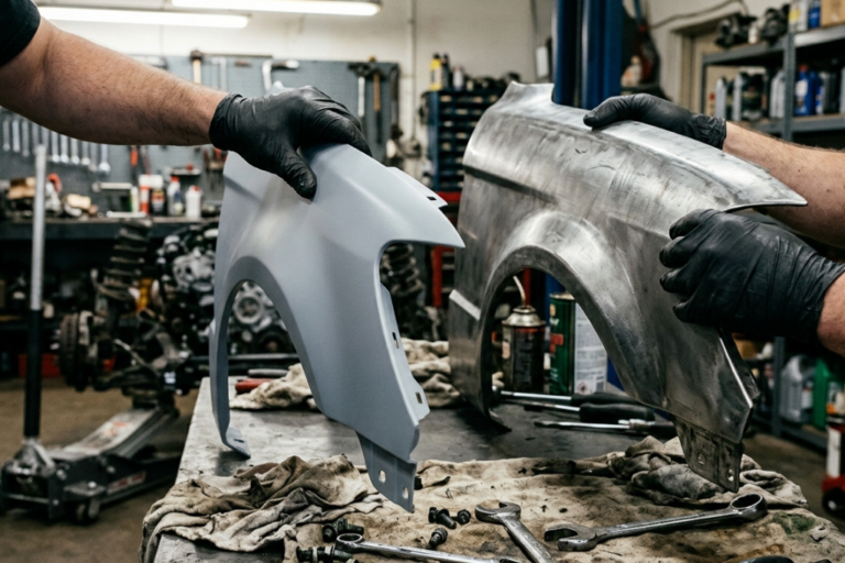 Technicien comparant pièces OEM et pièces IAM en atelier automobile