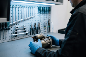 Technicien contrôlant une pièce de réemploi certifiée avec fiche de traçabilité