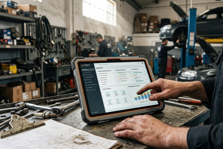 Técnico automóvel a usar software de gestão de oficina com diagnóstico OBD integrado