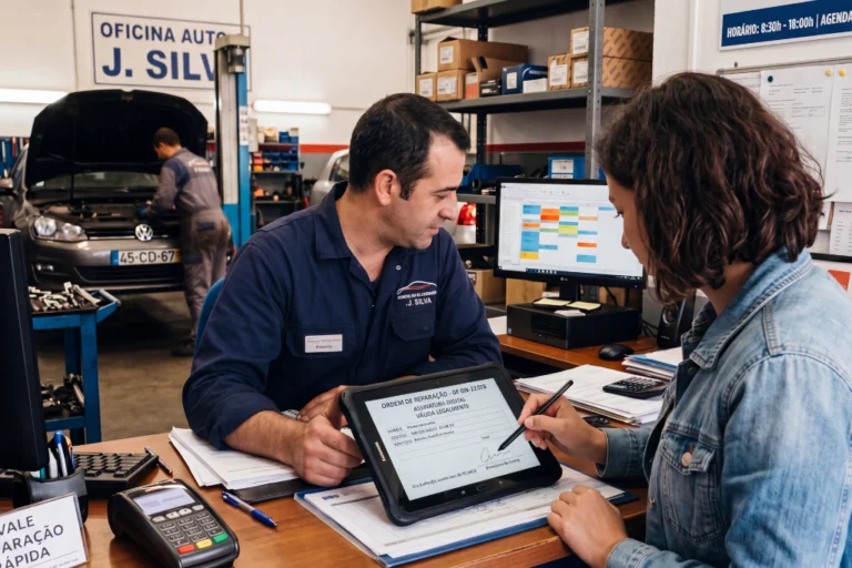 Assinatura Digital na Ordem de Reparação: Validade Legal e Implementação em Oficinas 2 Fotografia editorial de um recepcionista de oficina automóvel a apresentar uma ordem de reparação digital num tablet a um cliente para assinatura electrónica qualificada, com a bancada de recepção da oficina e baias de reparação de veículos visíveis em fundo. Imagem associada ao artigo sobre assinatura digital de ordens de reparação automóvel em Portugal.